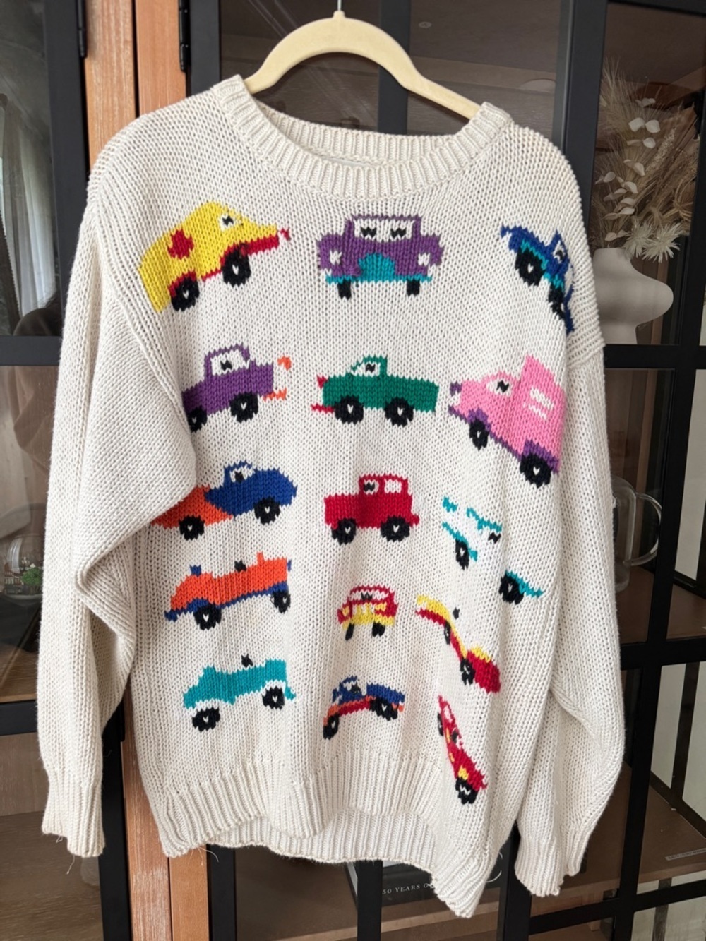 Vintage 80s Hand Knit crochet cars sweater vehicles colorful intarsia whimsical